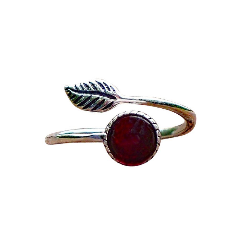 Recycled Vintage 1940's Ruby Beer Bottle Sterling Silver Botanical Leaf Ring